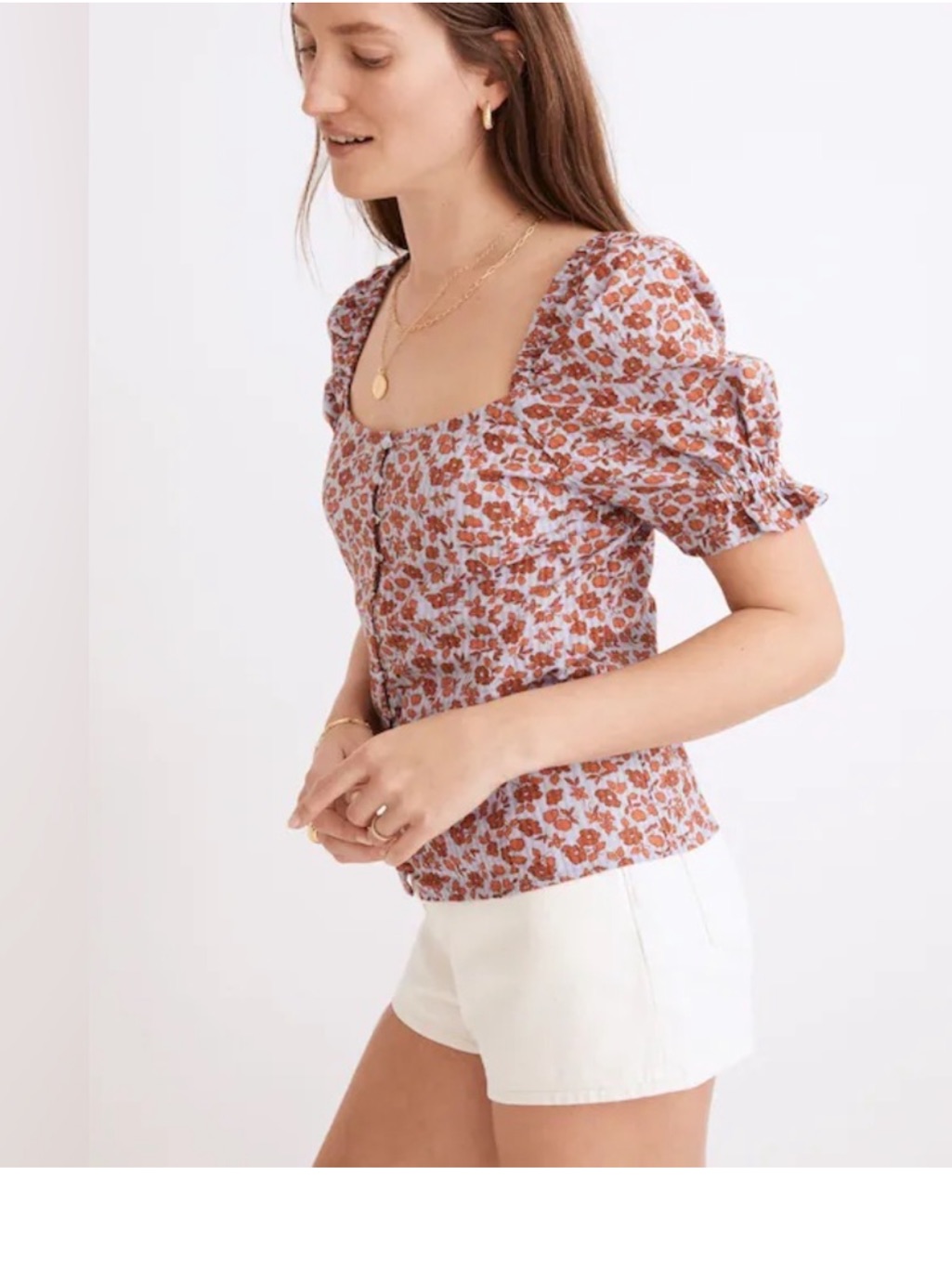 Madewell Rust Floral Square-Neck Puff Sleeve Blouse